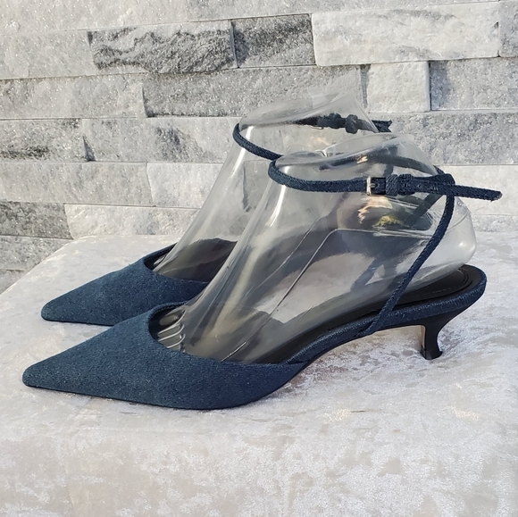 Zara Blue Denim Pointed Front Kitten Heel Sandals